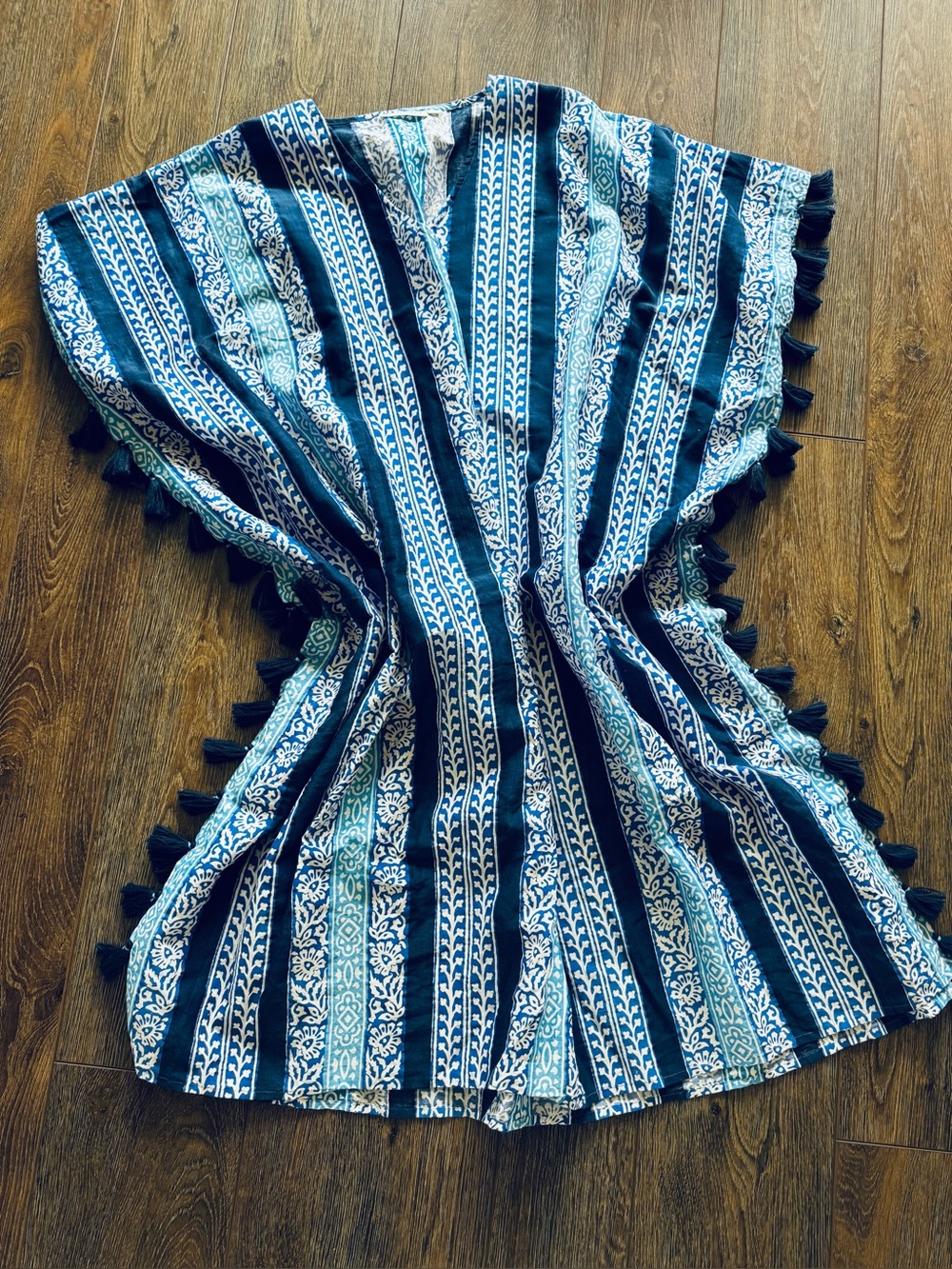 Roller Rabbit Navy & Teal Striped Tassel Kaftan Caftan Silk Cotton